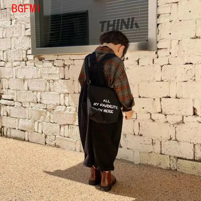 Korean Children's Clothing Girl Boys Suspender Pants+ Checkered Shirt Set Girls Baby Shirt Outfits Spring Autumn Kids Jeans Sets