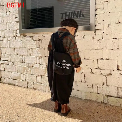 Korean Children's Clothing Girl Boys Suspender Pants+ Checkered Shirt Set Girls Baby Shirt Outfits Spring Autumn Kids Jeans Sets