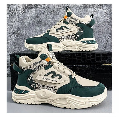 Men's Spring Breathable High Top White Sports Shoes Trendy All-Match Thick Sole Leisure Dad Sneakers