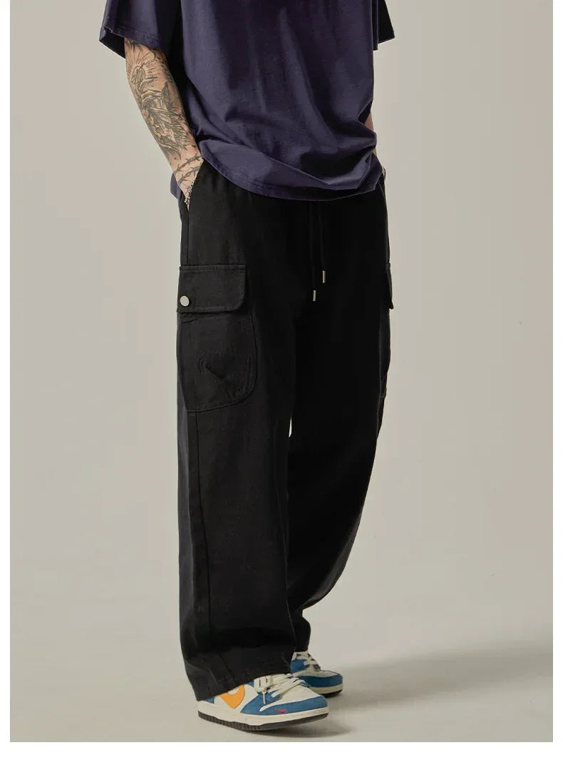Men's Sweatpants 2025 Spring Autumn Vintage Japanese Wide Leg Straight Loose Button Big Pockets Cargo Pants Drawstring Trousers
