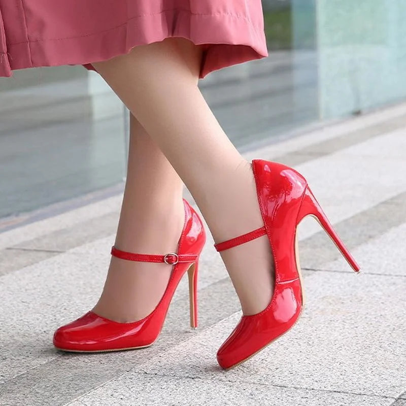 Women Patent Leather High Thin Heel Shoes Ankle Strap Women Pumps for Office Nightclub Party Wedding Cross Dressing Wide Shoes