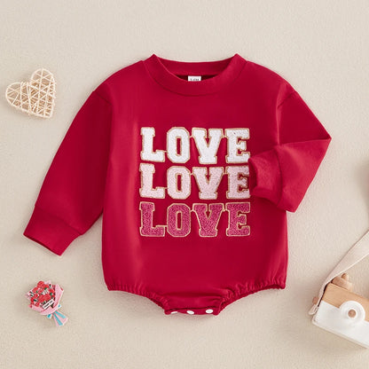 Newborn Baby Girl Boy Sweatshirt Romper Autumn Spring Letter Embroidered Long Sleeve Round Neck Jumpsuits for Valentine's Day