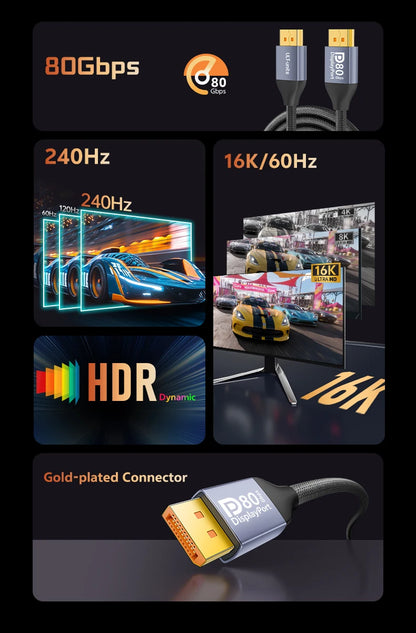 DP 2.1 Cable VESA Certified 16K DisplayPort Cable 3m 80Gbps 8K120Hz FreeSync G-Sync VRR Display Port Cord for AMD RX7000