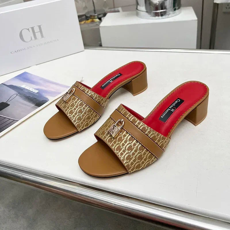 CH Brand Metal Buckle Embossed Sandals With Block Heels Open Toe Design Comfortable And Stylish Outdoor Slippers