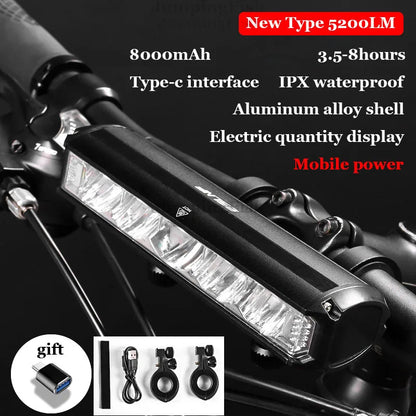 Bicycle Light Front 5200LM LED Light for Bicycle 8000mAh Mountain Cycle Headlight Lamp MTB Bike Light USB Flashlight Super Brigh