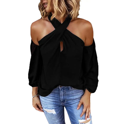 Autumn Halter Off Shoulder White Shirt Women Elegant Commuting Tops Fashion Casual V Neck Long Sleeve Blouses