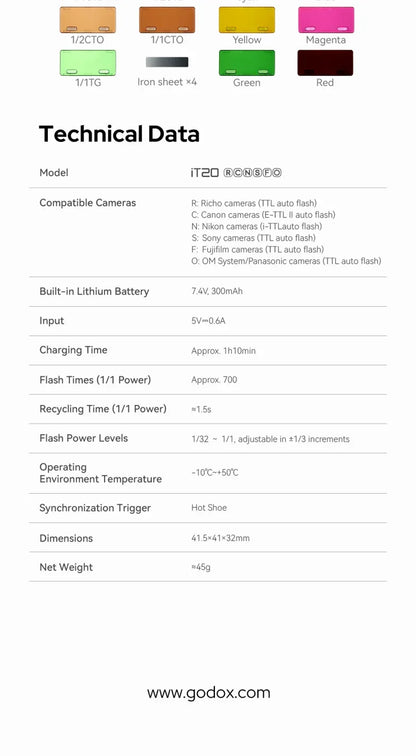 Godox iT20 R Mini Flash for Ricoh TTL Camera 6 Level Automatic Flash Output 1.5 Seconds Recycle Time