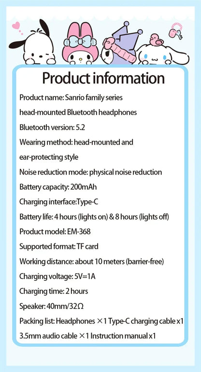 Sanrio Kuromi Bluetooth Headphones Cute My Melody Wireless Earphones Stereo Sound Noise Reduction Earbuds Anime Cartoon Gifts