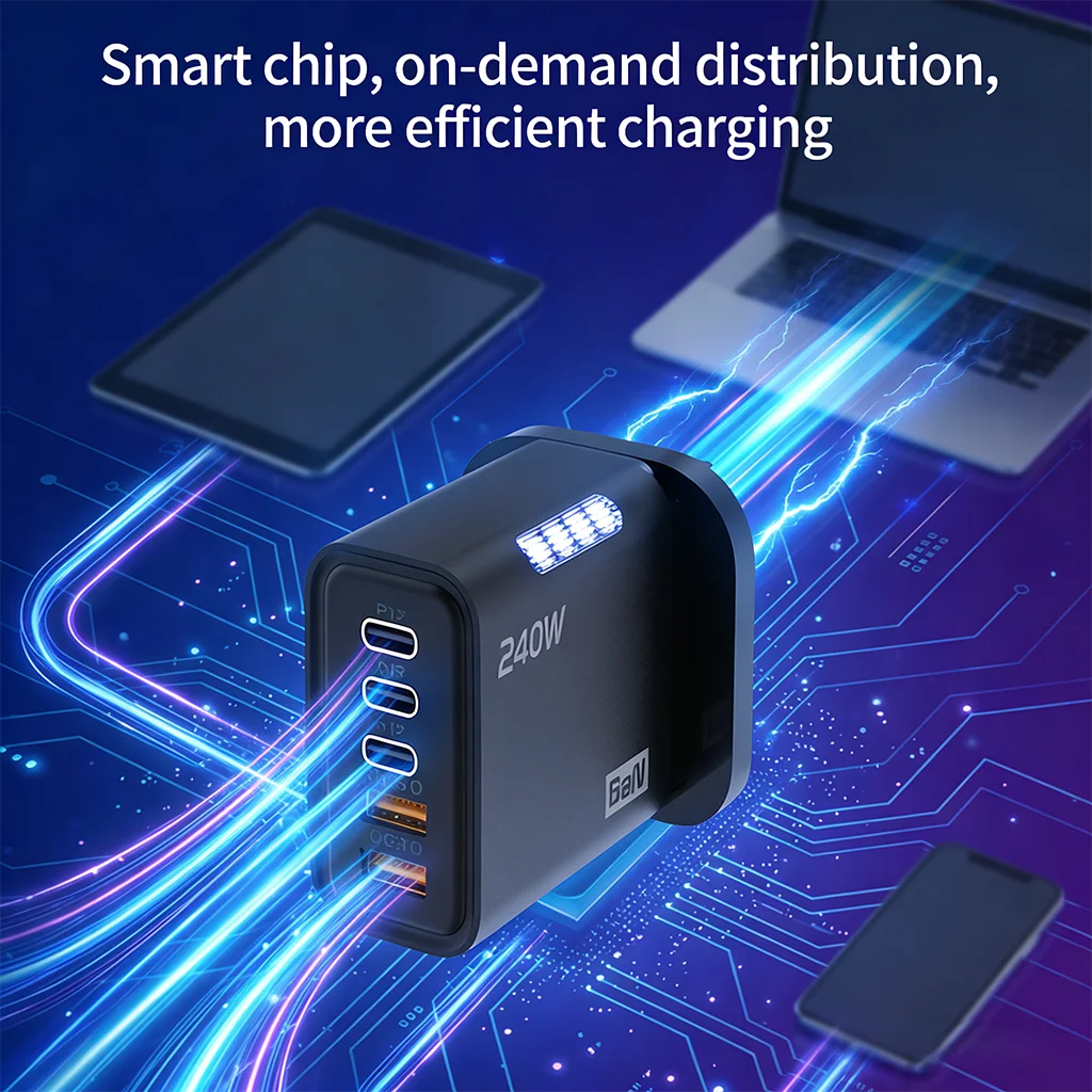 240W GaN Fast Charger 3 USB-C 2 USB-A Ports PD QC3.0 for iPhone 17 16 Galaxy S25 S24 Xiaomi 16 15 Huawei Mate 70 60 Oppo Vivo
