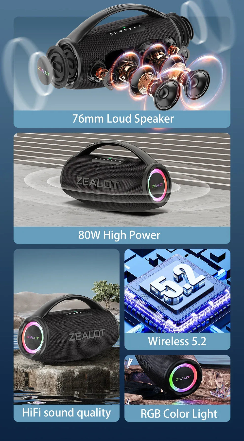 ZEALOT S97 80W Wireless speaker, Outdoor Portable Subwoofer Speaker, Hifi Sound quality,Dual Pairing, Fast Charging,16000mAh.