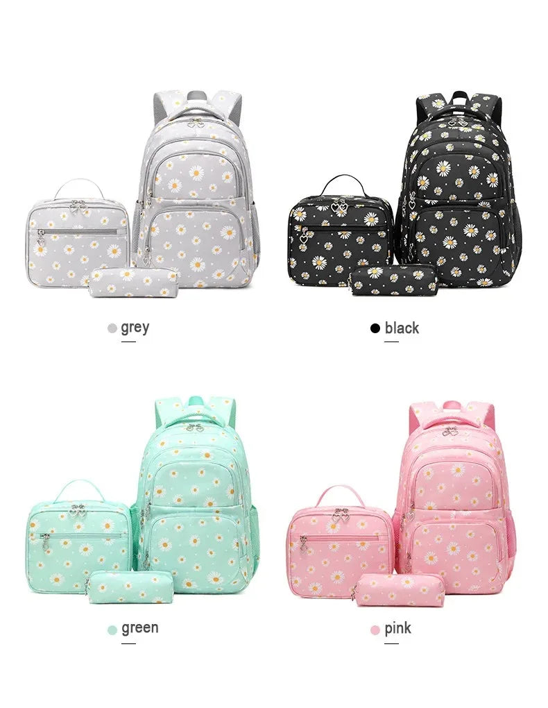 Daisy Pattern School Bag Backpack Pencil Case Handbag Three Piece Set Nylon Fabric Waterproof Boys Girl Teenagers Trend Backpack