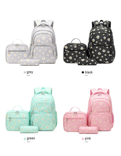 Daisy Pattern School Bag Backpack Pencil Case Handbag Three Piece Set Nylon Fabric Waterproof Boys Girl Teenagers Trend Backpack