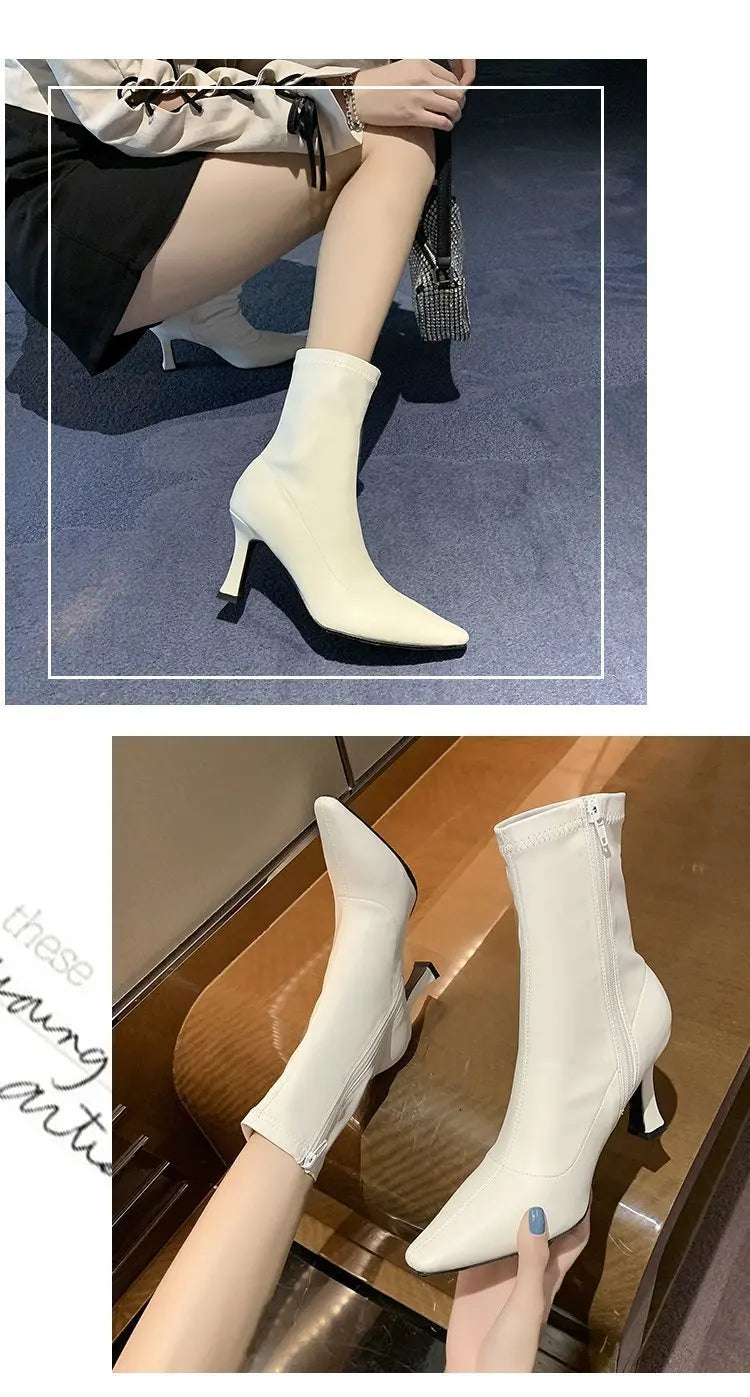Women High Heel Short Leather Boots  New Boots Female Pointed Thin Heel Boots Ladies Ankle Short Boots Botas De Mujer 2024