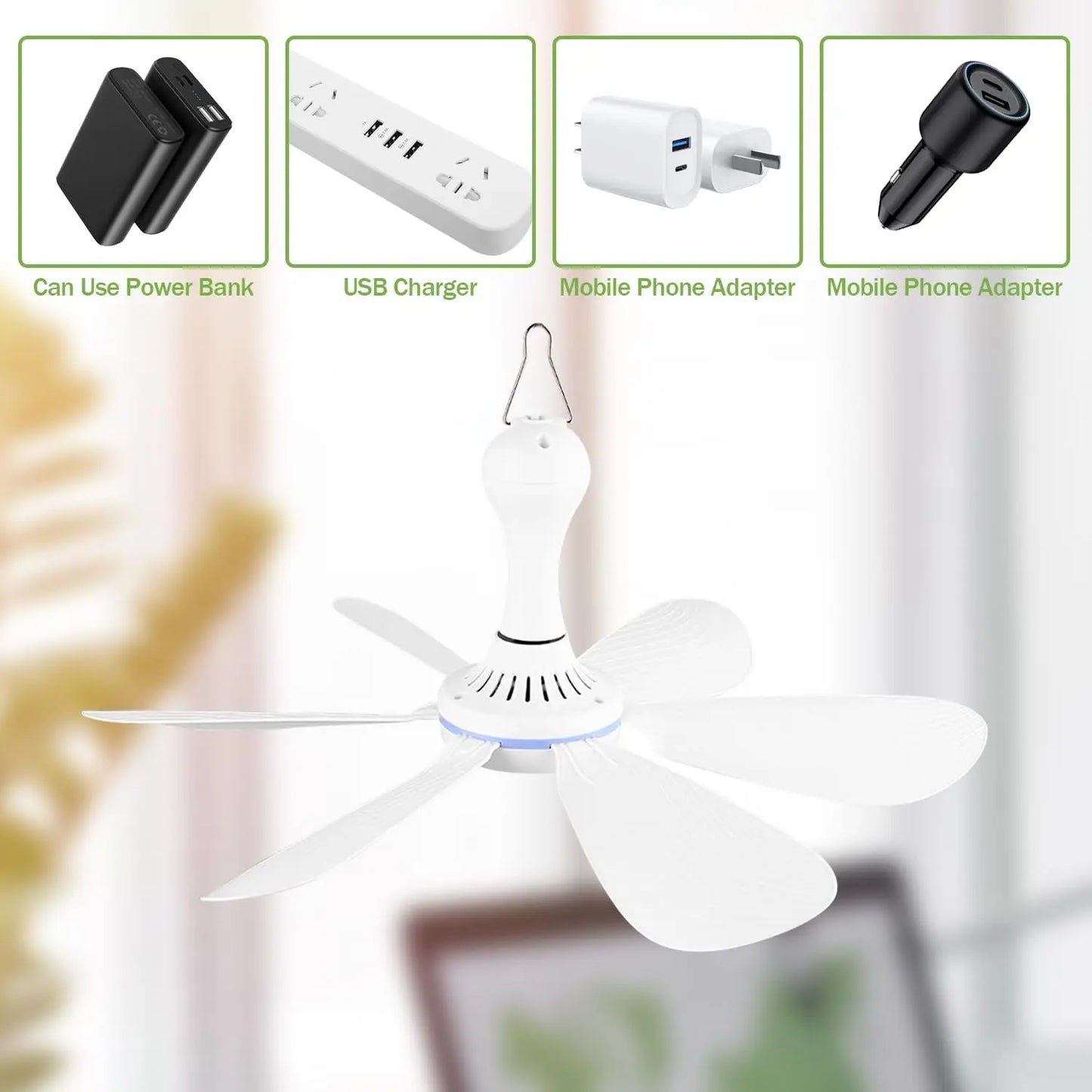 XIAOTREE Silent 6 Leaves USB Ceiling Fan, Optional Remote Control Timing, 4 Speed Hanging Fan for Camping Dormitory Tent