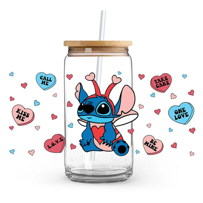 Valentine's Day cartoon Mickey Minnie Stitch Love 16oz Glass Cup UV DTF Transfer Film High-Quality Wraps Transfer Decals