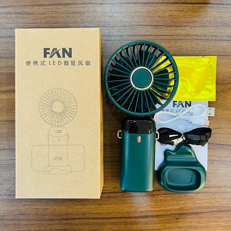 2026 New Handheld Mini Fan Foldable Neck Hanging Fans 5 Speed USB Rechargeable Fan with Phone Stand and Display Screen 1800mAh