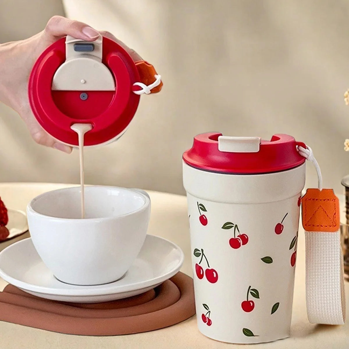 350/400ML Plastic Coffee Mug With Cherry Pattern Travel Portable Water Bottle Tumbler Sealed Leak Proof Drinking Cup Drinkware