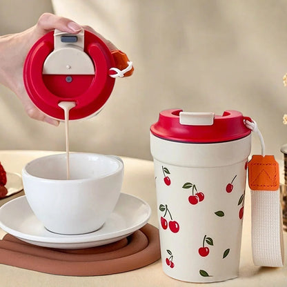 350/400ML Plastic Coffee Mug With Cherry Pattern Travel Portable Water Bottle Tumbler Sealed Leak Proof Drinking Cup Drinkware