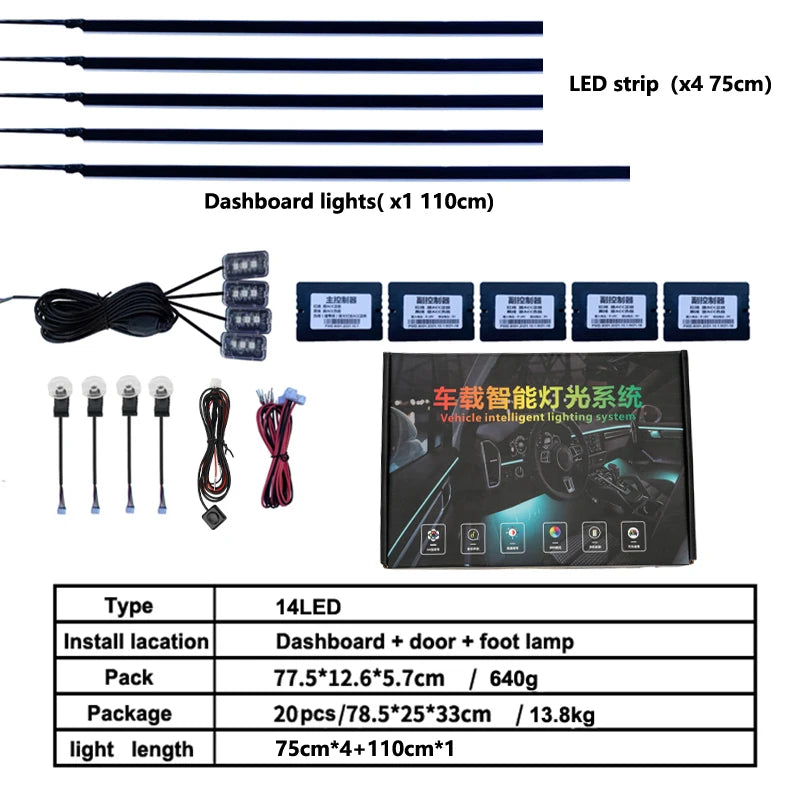18in1 Car interior lights rgb Car Led interior car led strip lights for car ambient light door lighting Foot decorative lamp