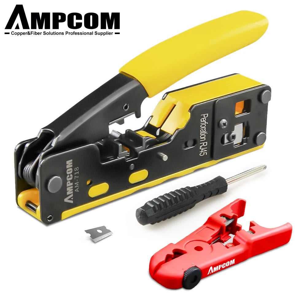 AMPCOM RJ45 RJ11 Pass Through Crimping Tool for Cat7/6A Cat6/5 Ethernet Modular Plugs Connectors With Stripper and Spare Blade