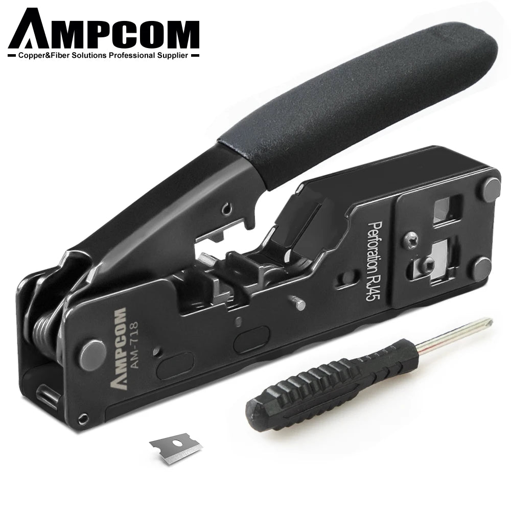 AMPCOM RJ45 RJ11 Pass Through Crimping Tool for Cat7/6A Cat6/5 Ethernet Modular Plugs Connectors With Stripper and Spare Blade