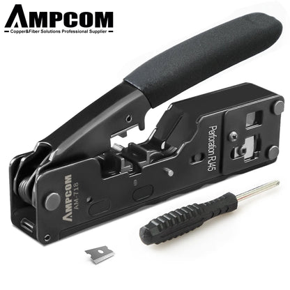 AMPCOM RJ45 RJ11 Pass Through Crimping Tool for Cat7/6A Cat6/5 Ethernet Modular Plugs Connectors With Stripper and Spare Blade