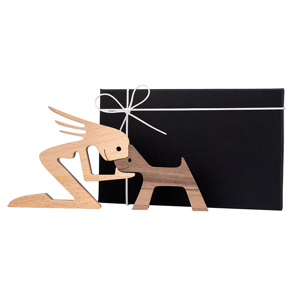 Family Puppy Wood Dog Craft Figurine Desktop Table Ornament Carving Model Home Office Decoration Pet Sculpture Christmas Gift