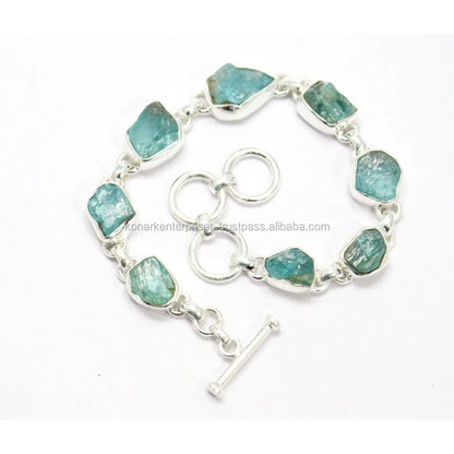 Modern Design High Quality Aquamarine Nuggets 925 Sterling Silver Handmade Bracelet  Jewelry