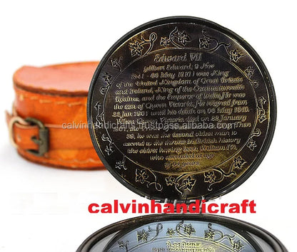 CH Vintage Marine Brass Polished Armour Compass Leather Case Gravure Printed Boxed King Edward Flat Art Collectible Love Theme