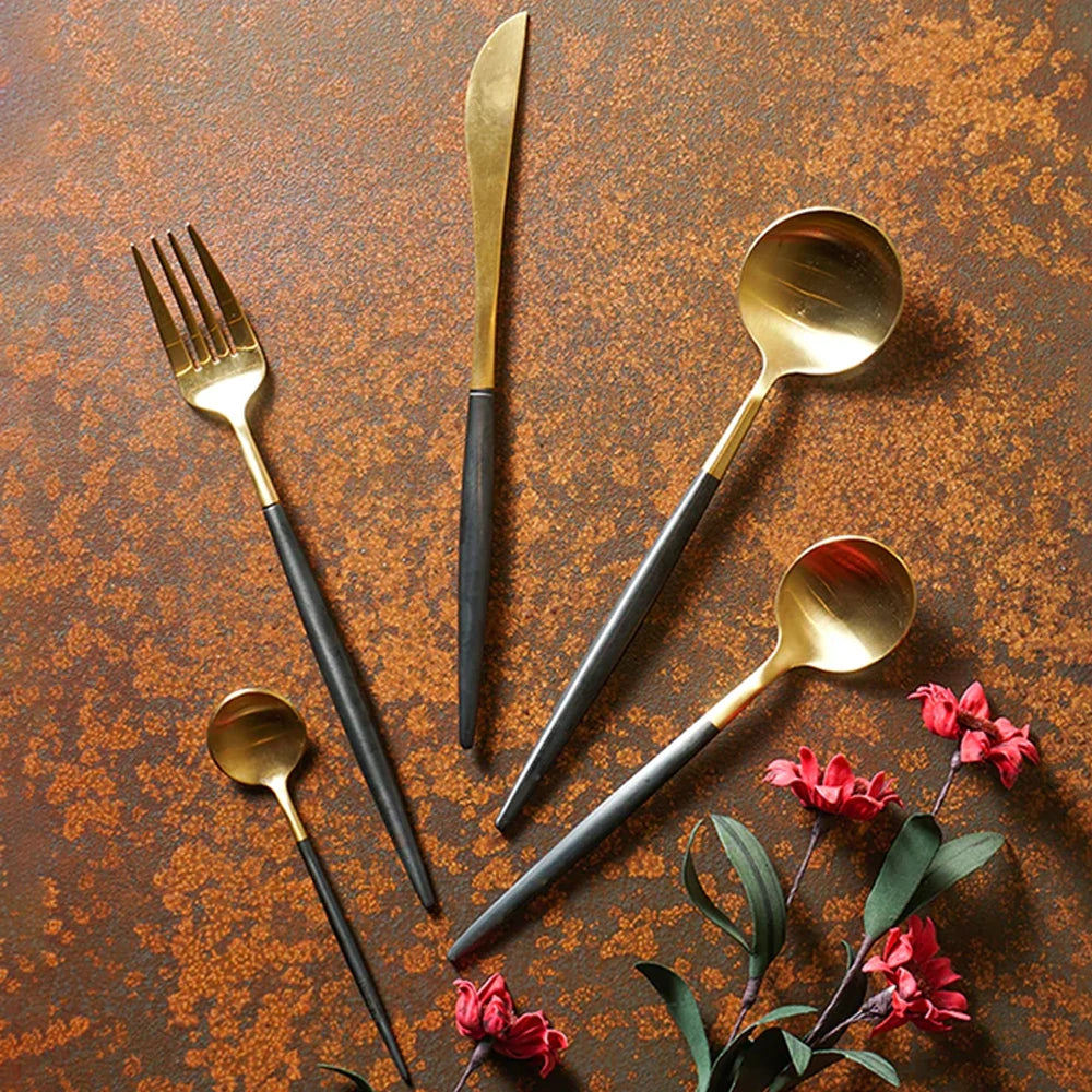 Wholesale Black & Gold 5 Pcs Cutlery for Wedding Rental Flatware Set High Quality 304 Stainless Steel Christmas Luxury Tableware