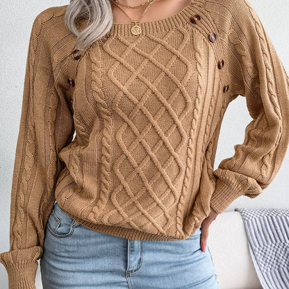 Autumn/Winter European and American Casual Solid Color Square Neck Button Twist Long Sleeve Pullover Sweater