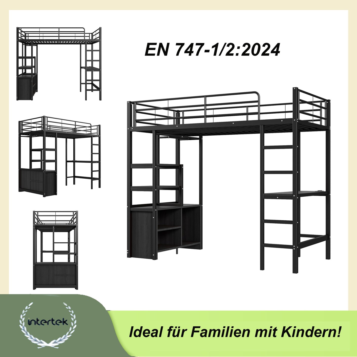 High bed 90 × 200 cm with crash protection, child bed with desk & USB, youth bed with shelves & open storage cabinet
