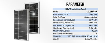 ECO-WORTHY Bifacial 100 Watt 12 Volt Solar Panel Monocrystalline Rigid High-Efficiency PV Module Power Charger for Sunsheds,Rvs