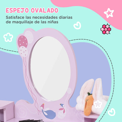Homcom Children's Dressing Table with Stool and Mirror Princess Style Pink Wooden Makeup Table Toy for Girls 60X34X93 cm