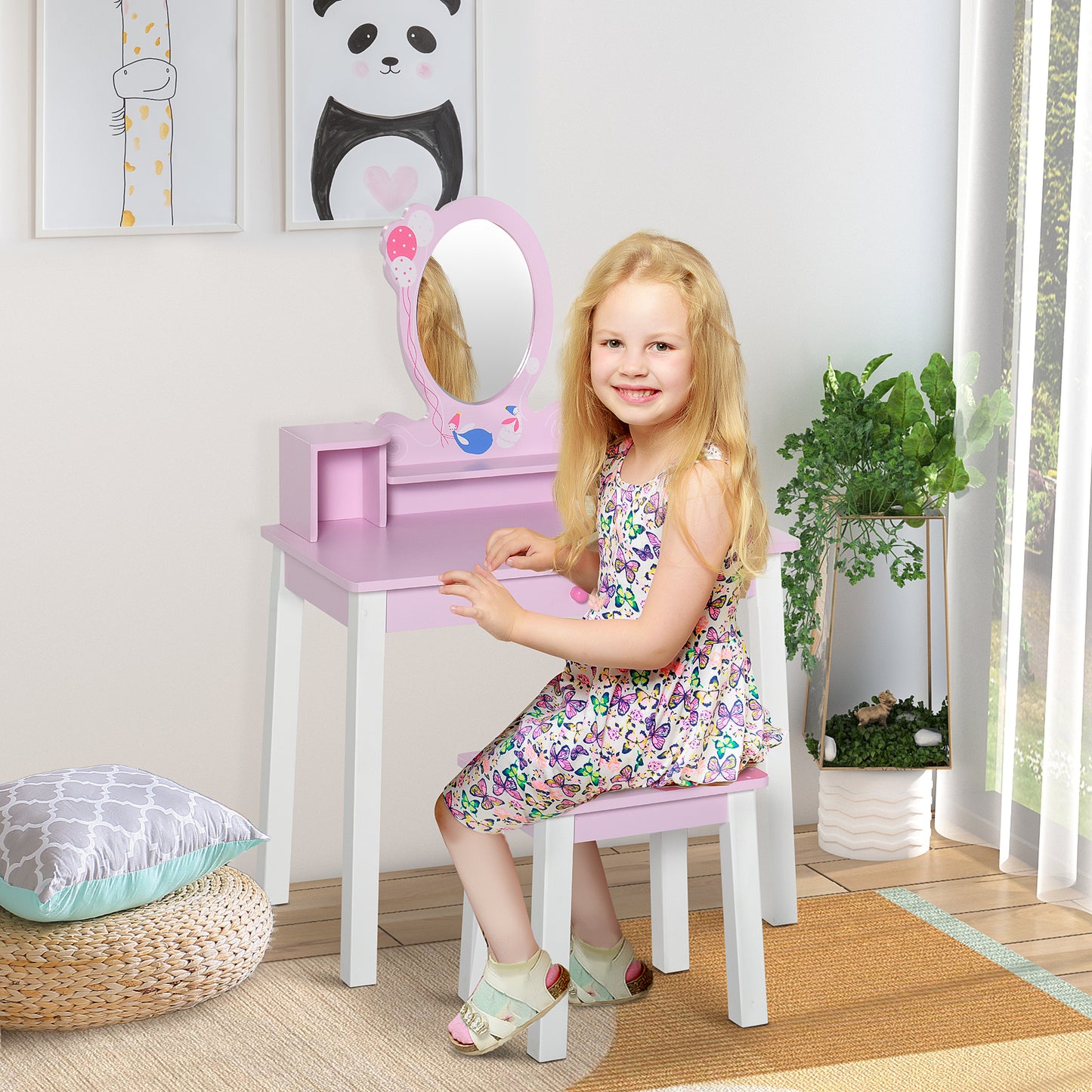 Homcom Children's Dressing Table with Stool and Mirror Princess Style Pink Wooden Makeup Table Toy for Girls 60X34X93 cm