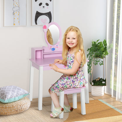 Homcom Children's Dressing Table with Stool and Mirror Princess Style Pink Wooden Makeup Table Toy for Girls 60X34X93 cm