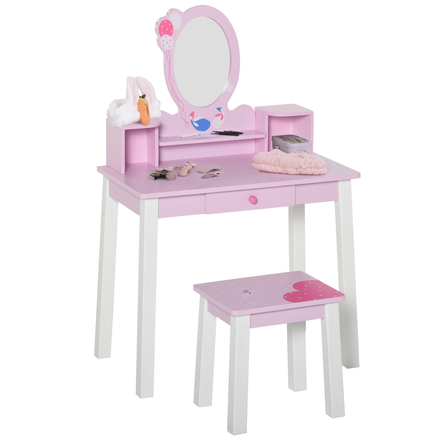 Homcom Children's Dressing Table with Stool and Mirror Princess Style Pink Wooden Makeup Table Toy for Girls 60X34X93 cm