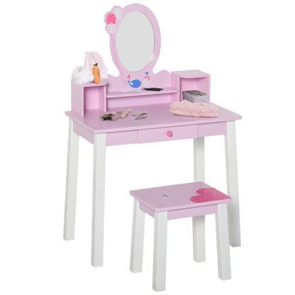 Homcom Children's Dressing Table with Stool and Mirror Princess Style Pink Wooden Makeup Table Toy for Girls 60X34X93 cm
