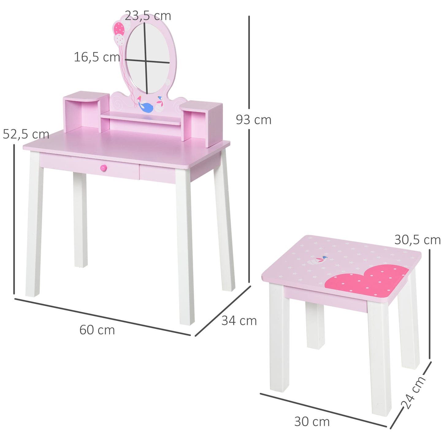 Homcom Children's Dressing Table with Stool and Mirror Princess Style Pink Wooden Makeup Table Toy for Girls 60X34X93 cm