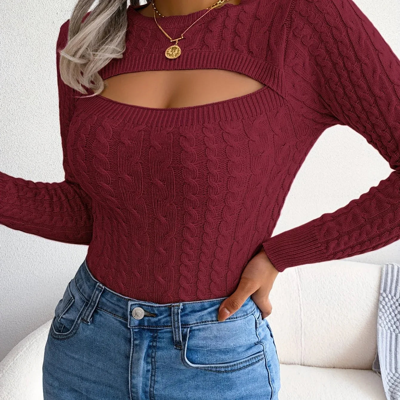Women'S Long Sleeve Hollow Sweater | High Stretch Fabric, Crew Neck, Sexy Slim Fit, Autumn/Winter