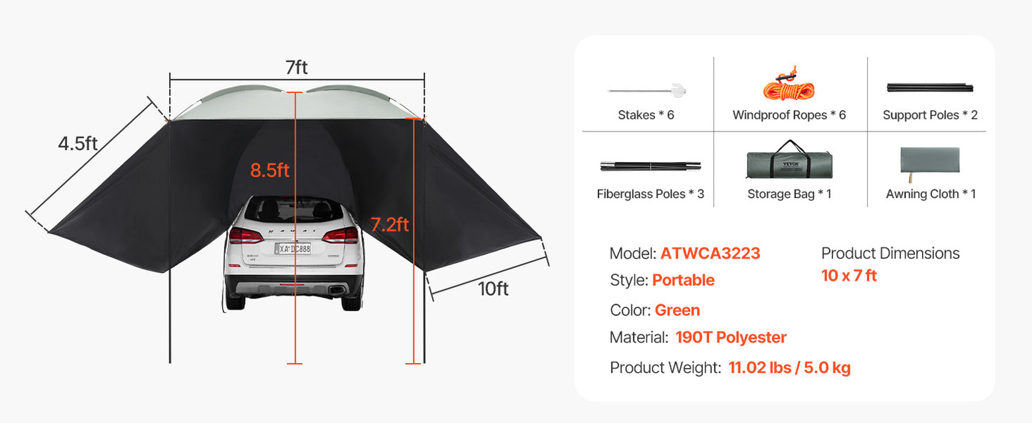 VEVOR Vehicle Awning  Retractable Car Side Awning Car Awning with Waterproof Storage Bag  Suitable for Truck SUV Van Campers