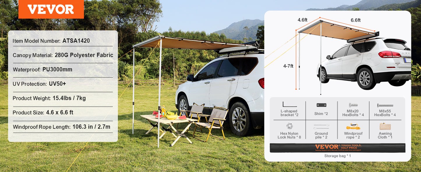 VEVOR Vehicle Awning  Retractable Car Side Awning Car Awning with Waterproof Storage Bag  Suitable for Truck SUV Van Campers