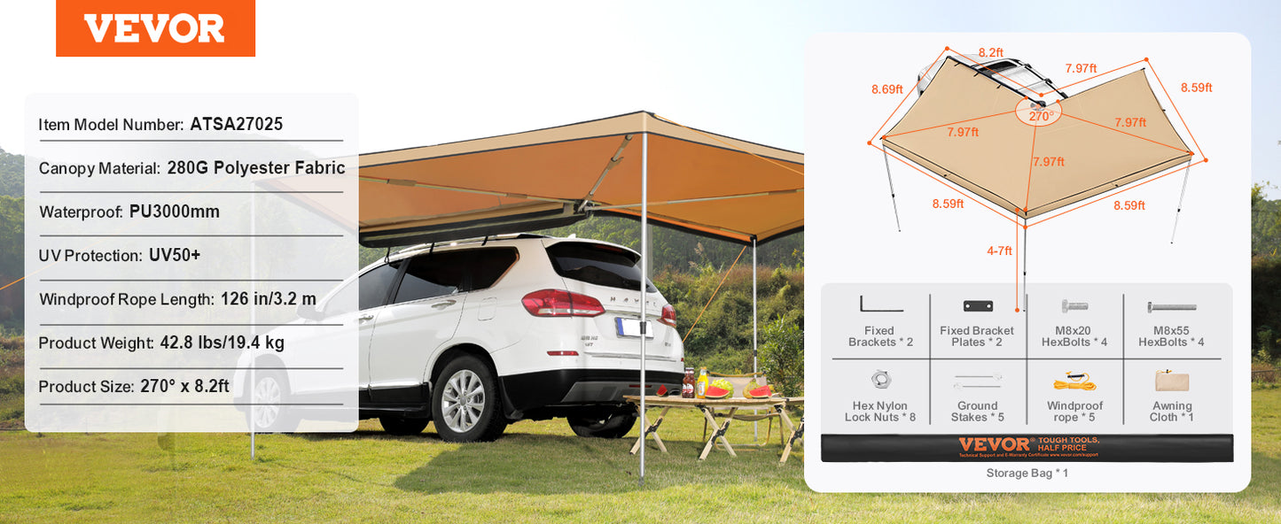 VEVOR Vehicle Awning  Retractable Car Side Awning Car Awning with Waterproof Storage Bag  Suitable for Truck SUV Van Campers