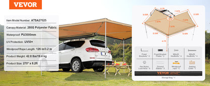 VEVOR Vehicle Awning  Retractable Car Side Awning Car Awning with Waterproof Storage Bag  Suitable for Truck SUV Van Campers