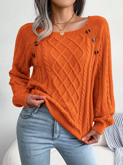 Autumn/Winter European and American Casual Solid Color Square Neck Button Twist Long Sleeve Pullover Sweater