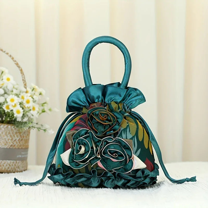 Floral Decor Drawstring Handbag, Trendy Small Evening Bag, Simple Phone Bag, Cute Bucket Bag