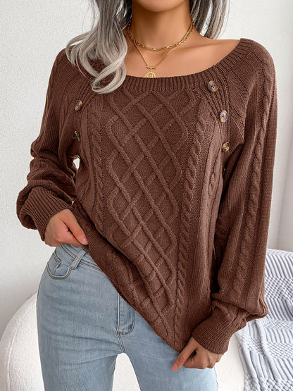 Autumn/Winter European and American Casual Solid Color Square Neck Button Twist Long Sleeve Pullover Sweater
