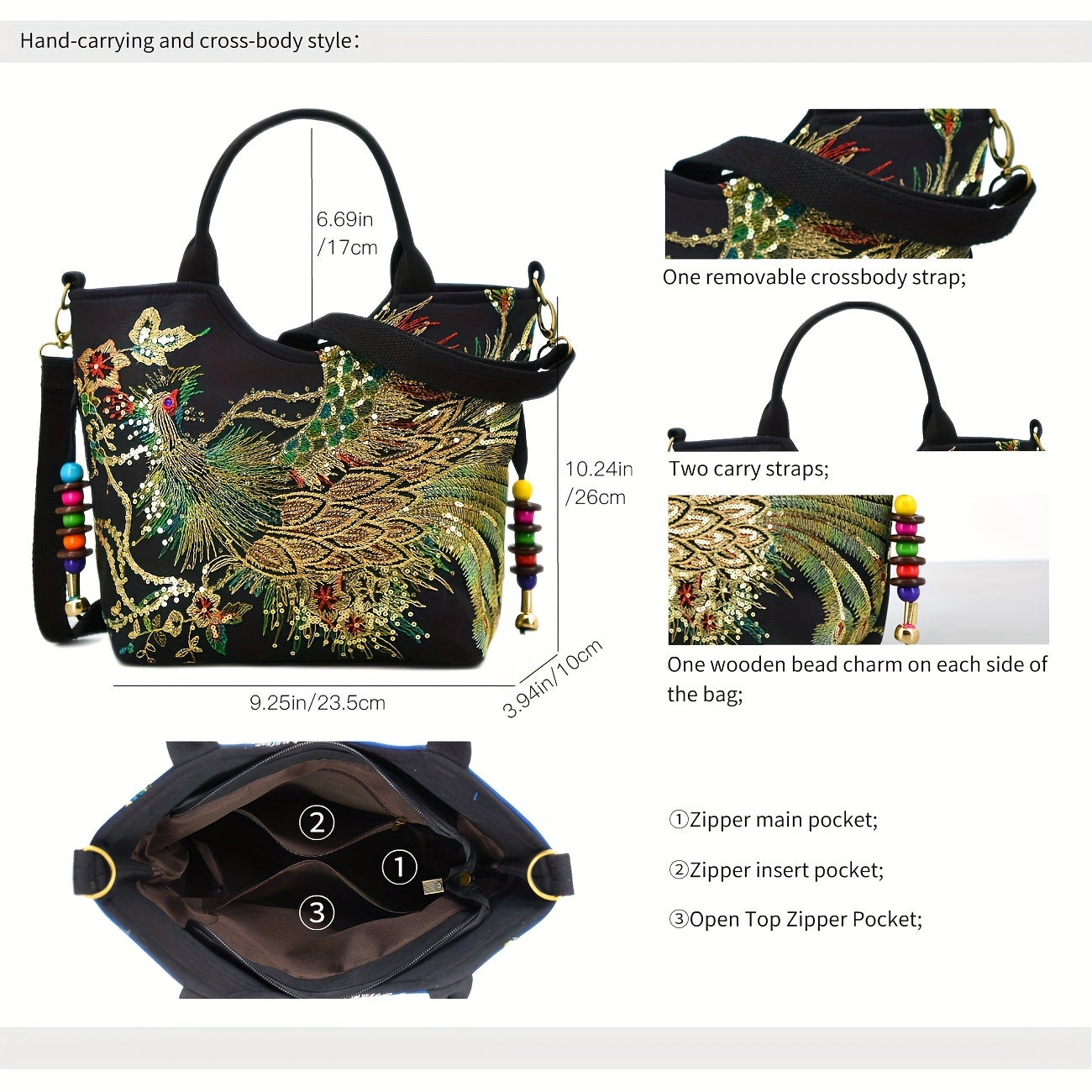 Wo 'S Embroidered Satchel Bag, Fashion Double Handle Purse, Retro Style Handbag with Removable Strap