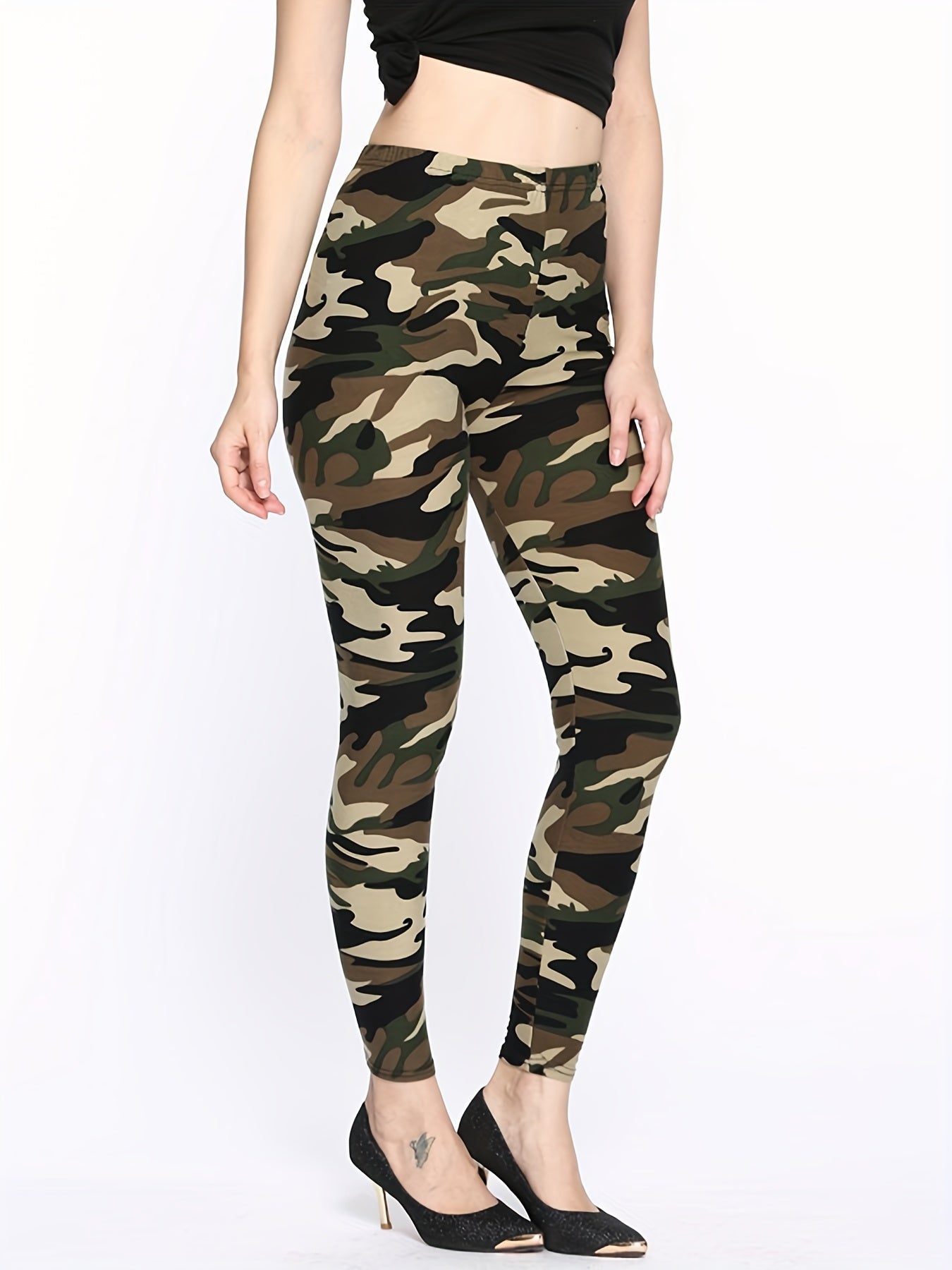 Camouflage Gray-Green Women's Casual Leggings, Cropped Length
