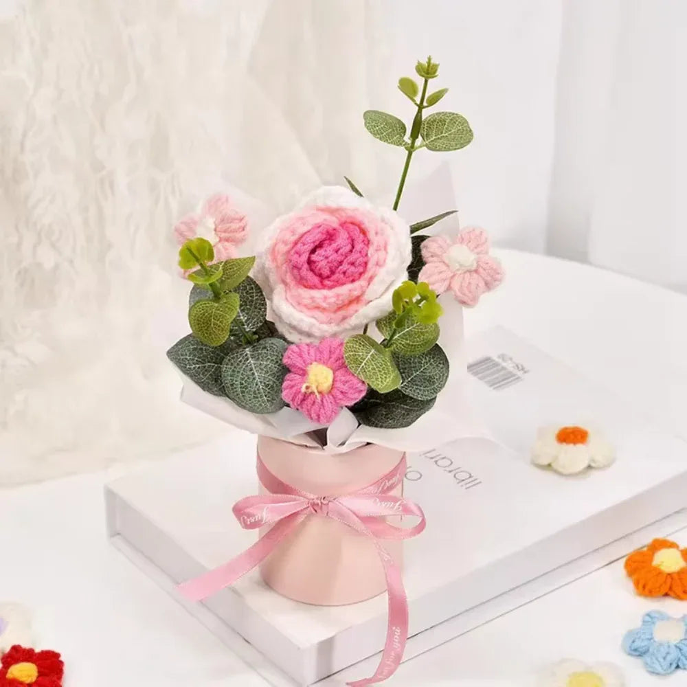 DTCTK Knitted Flower Bouquet Crochet Rose Flowers Hugging Bucket Christmas Gifts Living Room Desk Decoration Valentine's Day Gif